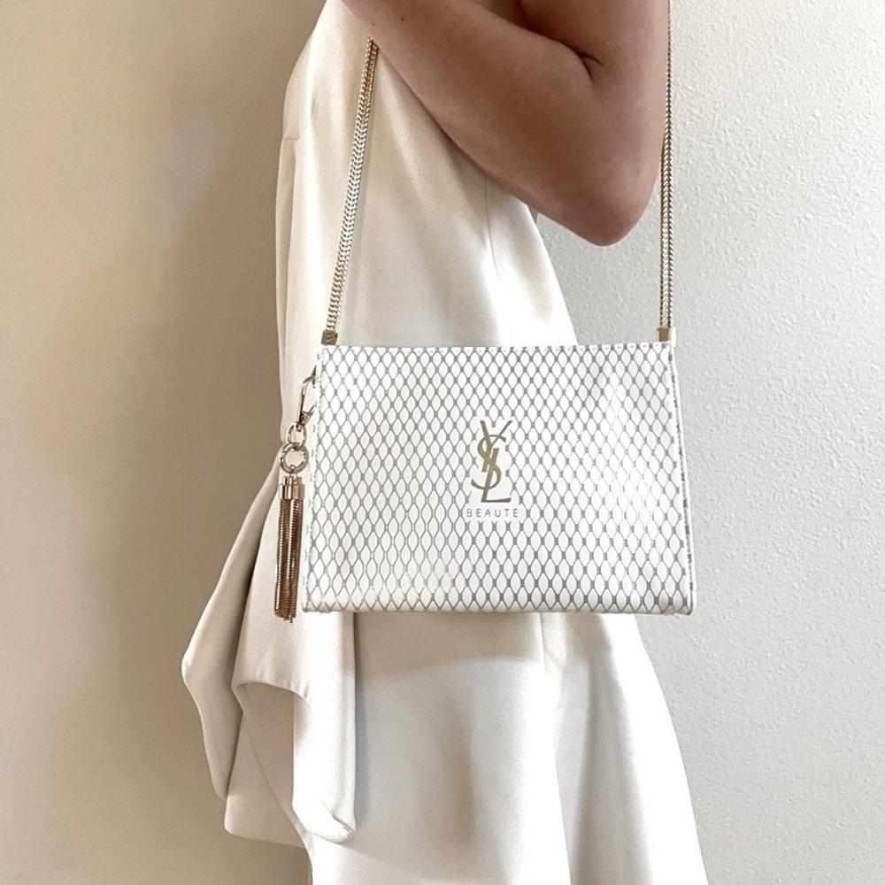 YSL Yves Saint Lauren White bag purse gold chain tassel rare logo beauty - Picture 6 of 6